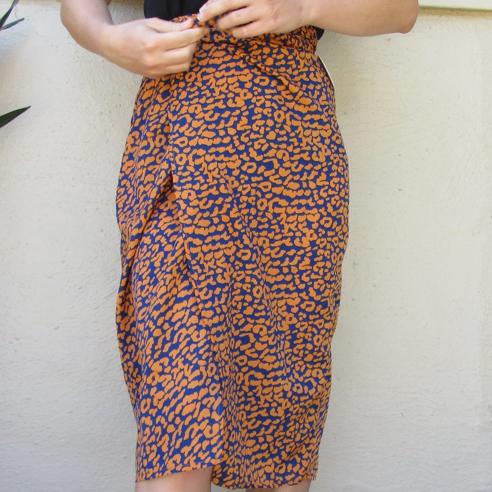 Orange Blue Leopard Wrap Around Midi Skirt Sz M
